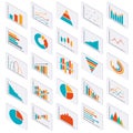 Isometric graph and chart set for business data presentation. Infographic design elements: diagram, pie chart, funnel or pyramid.